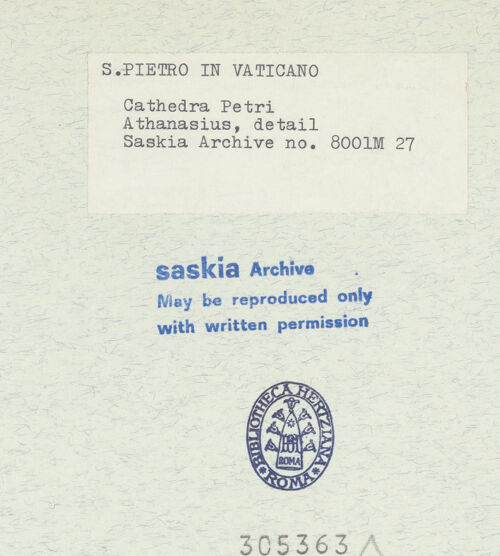 Rückseite von Bibliotheca Hertziana [https://www.deutsche-digitale-bibliothek.de/content/lizenzen/rv-fz/] Cathedra PetriKirchenväterDer heilige Athanasius - Detailansicht: Athanasius mit Säule und Wolken im Hintergrund, bh305363_recto. Foto: Wiedenhoeft, Ron.