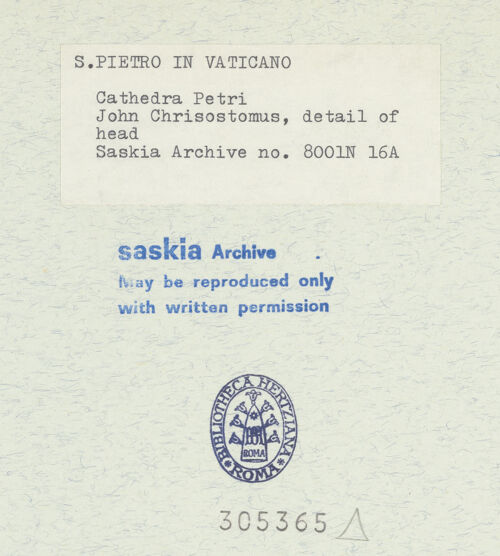 Rückseite von Bibliotheca Hertziana [https://www.deutsche-digitale-bibliothek.de/content/lizenzen/rv-fz/] Cathedra PetriKirchenväterDer heilige Johannes Chrysostomos - Detailansicht: Johannes Chrysostomos, bh305365_recto. Foto: Wiedenhoeft, Ron.