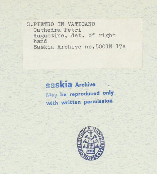 Rückseite von Bibliotheca Hertziana [https://www.deutsche-digitale-bibliothek.de/content/lizenzen/rv-fz/] Cathedra PetriKirchenväterDer heilige Augustinus - Detailansicht: rechte Hand des Augustinus, bh305367_recto. Foto: Wiedenhoeft, Ron.