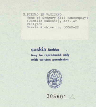 Rückseite von Bibliotheca Hertziana [https://www.deutsche-digitale-bibliothek.de/content/lizenzen/rv-fz/] Grabmonument Papst Gregor XIII.Religio - seitliche Ansicht, Ausschnitt, bh305601_recto. Foto: Wiedenhoeft, Ron.