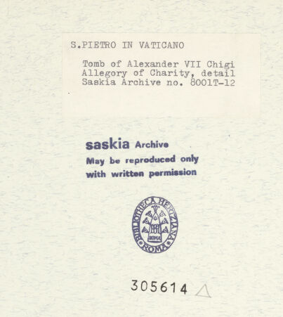 Rückseite von Bibliotheca Hertziana [https://www.deutsche-digitale-bibliothek.de/content/lizenzen/rv-fz/] Grabmal von Papst Alexander VII. ChigiCaritas - Caritas, Detailaufnahme der Skulpturengruppe, bh305614_recto. Foto: Wiedenhoeft, Ron.