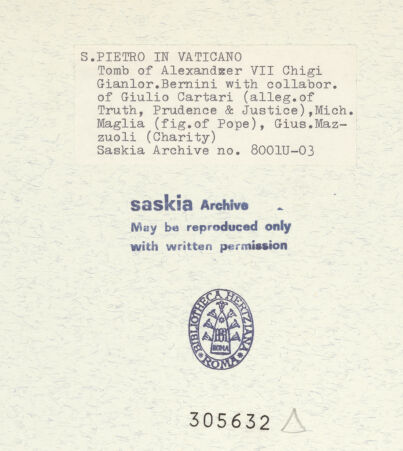 Rückseite von Bibliotheca Hertziana [https://www.deutsche-digitale-bibliothek.de/content/lizenzen/rv-fz/] Grabmal von Papst Alexander VII. Chigi - Gesamtaufnahme von links, bh305632_recto. Foto: Wiedenhoeft, Ron.
