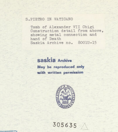 Rückseite von Bibliotheca Hertziana [https://www.deutsche-digitale-bibliothek.de/content/lizenzen/rv-fz/] Grabmal von Papst Alexander VII. Chigi - Konstruktionsdetail von oben mit Hand des Todes, bh305635_recto. Foto: Wiedenhoeft, Ron.