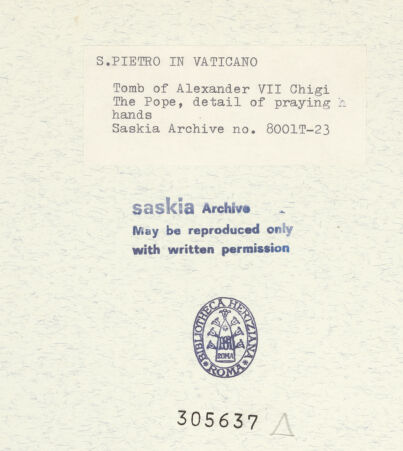 Rückseite von Bibliotheca Hertziana [https://www.deutsche-digitale-bibliothek.de/content/lizenzen/rv-fz/] Grabmal von Papst Alexander VII. ChigiPapst Alexander VII. - Detail, Hände des Papstes, bh305637_recto. Foto: Wiedenhoeft, Ron.