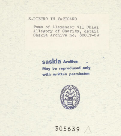 Rückseite von Bibliotheca Hertziana [https://www.deutsche-digitale-bibliothek.de/content/lizenzen/rv-fz/] Grabmal von Papst Alexander VII. ChigiCaritas - Detail, Gesicht der Veritas, bh305639_recto. Foto: Wiedenhoeft, Ron.