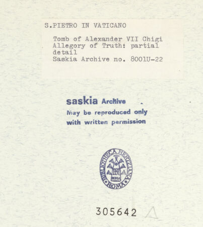 Rückseite von Bibliotheca Hertziana [https://www.deutsche-digitale-bibliothek.de/content/lizenzen/rv-fz/] Grabmal von Papst Alexander VII. ChigiVeritas - Detail, bh305642_recto. Foto: Wiedenhoeft, Ron.