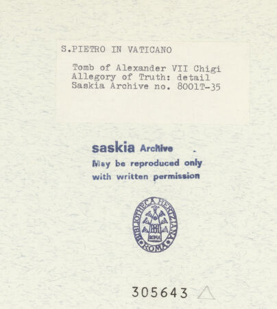 Rückseite von Bibliotheca Hertziana [https://www.deutsche-digitale-bibliothek.de/content/lizenzen/rv-fz/] Grabmal von Papst Alexander VII. ChigiVeritas - Detail, Oberkörper, bh305643_recto. Foto: Wiedenhoeft, Ron.