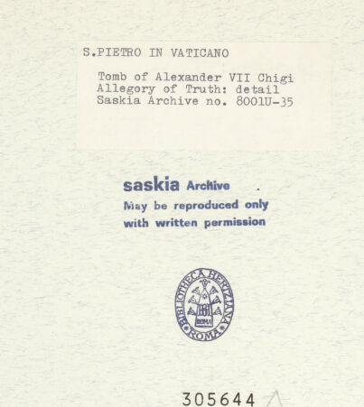 Rückseite von Bibliotheca Hertziana [https://www.deutsche-digitale-bibliothek.de/content/lizenzen/rv-fz/] Grabmal von Papst Alexander VII. ChigiPrudentia - Detail, Gesicht der Prudentia, bh305644_recto. Foto: Wiedenhoeft, Ron.