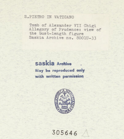 Rückseite von Bibliotheca Hertziana [https://www.deutsche-digitale-bibliothek.de/content/lizenzen/rv-fz/] Grabmal von Papst Alexander VII. ChigiPrudentia - Gesamtansicht, bh305646_recto. Foto: Wiedenhoeft, Ron.