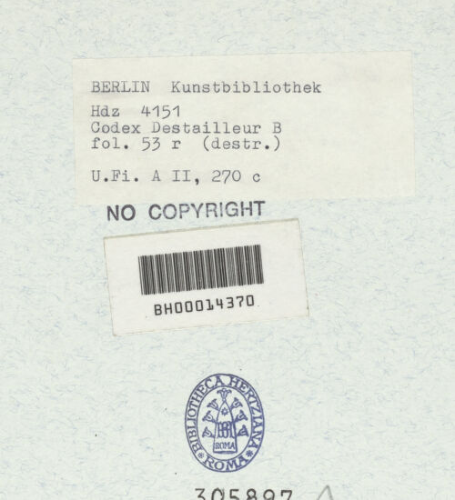 Rückseite von Bibliotheca Hertziana [https://www.deutsche-digitale-bibliothek.de/content/lizenzen/rv-ez/] Codex Destailleur DTitus-Bogen: Verschiedene Ansichten - , bh305897_recto. Foto.