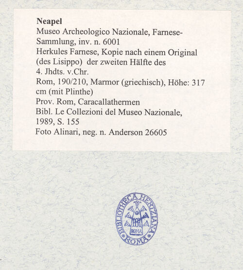 Rückseite von Alinari [https://www.deutsche-digitale-bibliothek.de/content/lizenzen/rv-ez/] Herkules Farnese, Kopie nach einem Original (des Lysipp) der zweiten Hälfte des 4. Jahrhunderts v. Chr. - Seitenansicht von links, bh306069_recto. Foto.