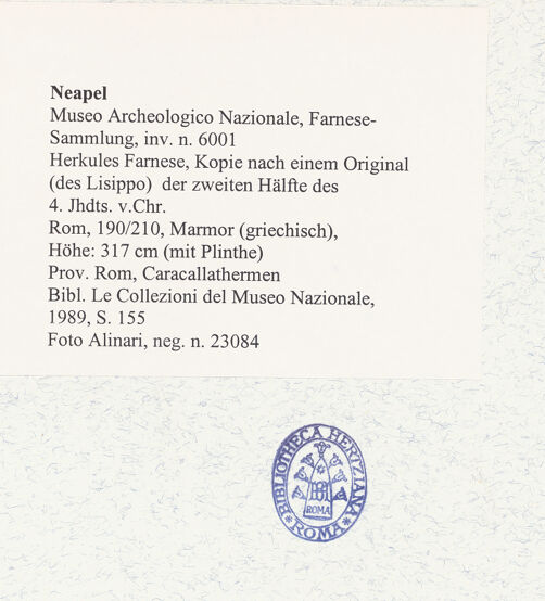 Rückseite von Alinari [https://www.deutsche-digitale-bibliothek.de/content/lizenzen/rv-ez/] Herkules Farnese, Kopie nach einem Original (des Lysipp) der zweiten Hälfte des 4. Jahrhunderts v. Chr. - Frontalansicht, bh306070_recto. Foto.