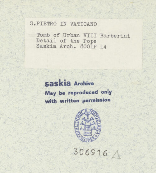 Rückseite von Bibliotheca Hertziana [https://www.deutsche-digitale-bibliothek.de/content/lizenzen/rv-fz/] Grabmal von Papst Urban VIII.Der Papst auf der Kathedra thronend - Nahaufnahme, Kopf, leicht von rechts, bh306916_recto. Foto: Wiedenhoeft, Ron.
