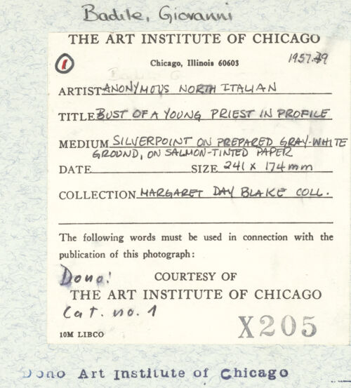 Rückseite von Art Institute of Chicago [https://www.deutsche-digitale-bibliothek.de/content/lizenzen/rv-ez/] Brustbild eines jungen Priesters im Profil - , bh306960_recto. Foto.