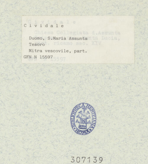 Rückseite von ICCD [https://www.deutsche-digitale-bibliothek.de/content/lizenzen/rv-ez/] Sogenannte Mitra von San Paolino - Rückseite, Detail: der Evangelist Markus, bh307139_recto. Foto.