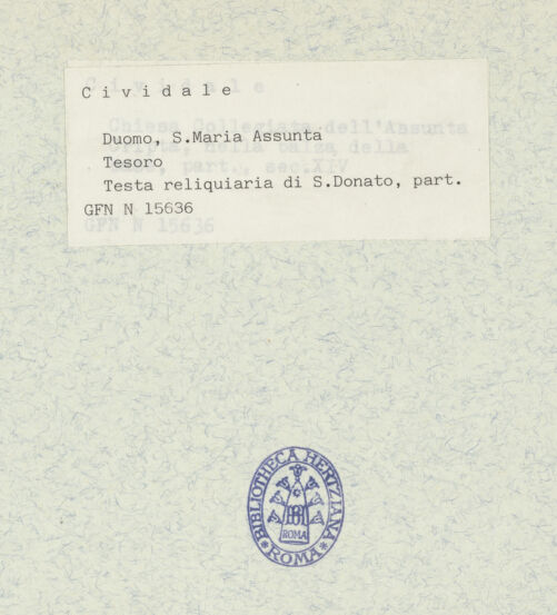 Rückseite von ICCD [https://www.deutsche-digitale-bibliothek.de/content/lizenzen/rv-ez/] Büstenreliquiar des heiligen Donatus von CividaleEmaille-Plaketten des Sockels (Bischöfe, Madonna, Apostel, Evangelisten und Johannes der Täufer) - Der heilige Andreas (?), bh307143_recto. Foto.