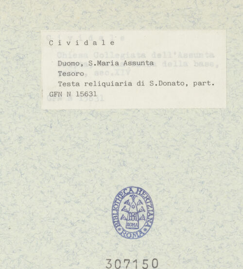 Rückseite von ICCD [https://www.deutsche-digitale-bibliothek.de/content/lizenzen/rv-ez/] Büstenreliquiar des heiligen Donatus von CividaleEmaille-Plaketten des Sockels (Bischöfe, Madonna, Apostel, Evangelisten und Johannes der Täufer) - Apostel, bh307150_recto. Foto.