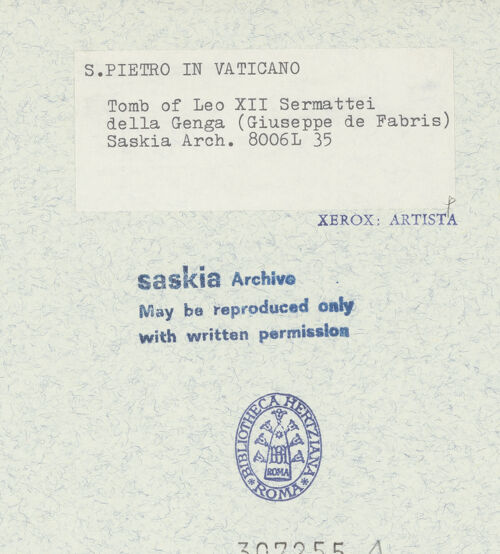 Rückseite von Bibliotheca Hertziana [https://www.deutsche-digitale-bibliothek.de/content/lizenzen/rv-fz/] Grabmonument Papst Leo XII. - Grabmal Leo XII: Gesamtansicht, bh307255_recto. Foto: Wiedenhoeft, Ron.