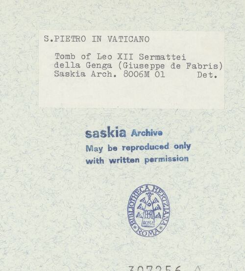 Rückseite von Bibliotheca Hertziana [https://www.deutsche-digitale-bibliothek.de/content/lizenzen/rv-fz/] Grabmonument Papst Leo XII. - Grabmal Leo XII: Detailansicht des Kopfes, bh307256_recto. Foto: Wiedenhoeft, Ron.