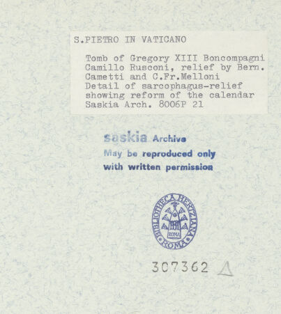 Rückseite von Bibliotheca Hertziana [https://www.deutsche-digitale-bibliothek.de/content/lizenzen/rv-fz/] Grabmonument Papst Gregor XIII.Die Gregorianische Kalenderreform - Sarkopagrelief, bh307362_recto. Foto: Wiedenhoeft, Ron.
