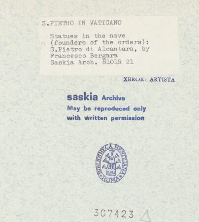 Rückseite von Bibliotheca Hertziana [https://www.deutsche-digitale-bibliothek.de/content/lizenzen/rv-fz/] Heilige Kongregations- und OrdensgründerStatuenreihe: Theresa, Vincentius, Nerius, Ignatius, Camillus, Petrus von Alcantara - Giuseppe Ruscon: Statue des hl. Ignatius, bh307423_recto. Foto: Wiedenhoeft, Ron.