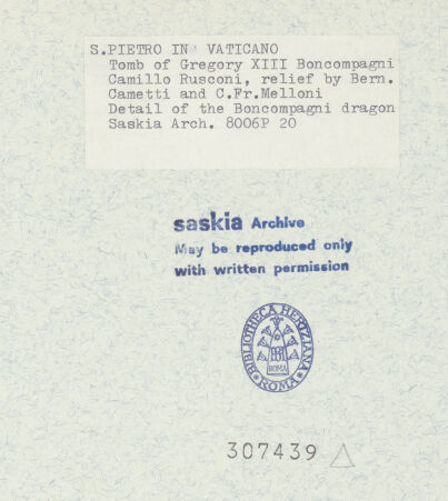 Rückseite von Bibliotheca Hertziana [https://www.deutsche-digitale-bibliothek.de/content/lizenzen/rv-fz/] Grabmonument Papst Gregor XIII.Drache (unter dem Sarkophag) - Gesamtansicht, frontal, bh307439_recto. Foto: Wiedenhoeft, Ron.