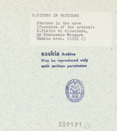 Rückseite von Bibliotheca Hertziana [https://www.deutsche-digitale-bibliothek.de/content/lizenzen/rv-fz/] Heilige Kongregations- und OrdensgründerStatuenreihe: Theresa, Vincentius, Nerius, Ignatius, Camillus, Petrus von Alcantara - Francesco Vergara: Statue des hl. Petrus von Alcantarae (Detailansicht: Portrait), bh309191_recto. Foto: Wiedenhoeft, Ron.