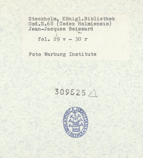 Rückseite von Kungliga Biblioteket [https://www.deutsche-digitale-bibliothek.de/content/lizenzen/rv-ez/] Inscriptionum antiquarum (Codex Holmiensis)Römisches Votivrelief mit Zeus und Apollo; in Rom, San Vitale (?) - , bh309525_recto. Foto.