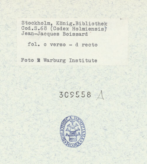 Rückseite von Warburg Institute [https://www.deutsche-digitale-bibliothek.de/content/lizenzen/rv-ez/] Inscriptionum antiquarum (Codex Holmiensis)Lorbeerkranz und Zweige - rechts fol. d recto: Titelseite mit Vignette, bh309558_recto. Foto.