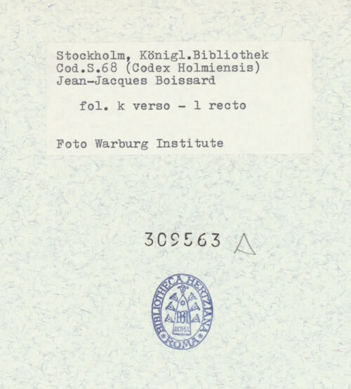 Rückseite von Warburg Institute [https://www.deutsche-digitale-bibliothek.de/content/lizenzen/rv-ez/] Inscriptionum antiquarum (Codex Holmiensis)Textseite mit einem Gedicht von Hippolytus (?) und von Leontius - rechts fol. l recto mit Gedichten von Johannes Gardesius, bh309563_recto. Foto.