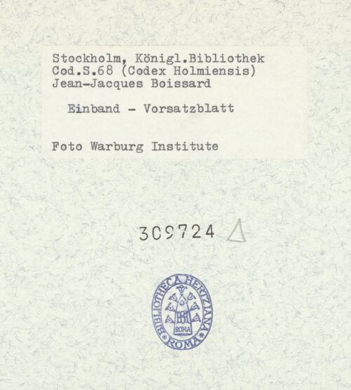 Rückseite von Warburg Institute [https://www.deutsche-digitale-bibliothek.de/content/lizenzen/rv-ez/] Inscriptionum antiquarum (Codex Holmiensis) - Vordere Innenseite und recto des Vorsatzblattes, bh309724_recto. Foto.