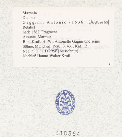 Rückseite von Bibliotheca Hertziana [https://www.deutsche-digitale-bibliothek.de/content/lizenzen/rv-fz/] Fragmente eines MarienretabelsMarias Himmelfahrt - Gesamtansicht, bh310364_recto. Foto: Kruft, Hanno-Walter.