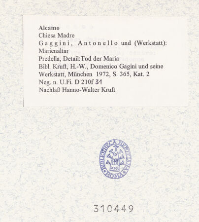 Rückseite von Bibliotheca Hertziana [https://www.deutsche-digitale-bibliothek.de/content/lizenzen/rv-fz/] MarienaltarTod der Maria - Gesamtansicht, bh310449_recto. Foto: Kruft, Hanno-Walter.