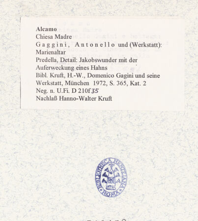 Rückseite von Bibliotheca Hertziana [https://www.deutsche-digitale-bibliothek.de/content/lizenzen/rv-fz/] MarienaltarJakobswunder mit der Auferweckung eines Hahns - Gesamtansicht, bh310450_recto. Foto: Kruft, Hanno-Walter.