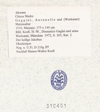 Rückseite von Bibliotheca Hertziana [https://www.deutsche-digitale-bibliothek.de/content/lizenzen/rv-fz/] MarienaltarDer heilige Jakobus - Oberkörper, bh310451_recto. Foto: Kruft, Hanno-Walter.