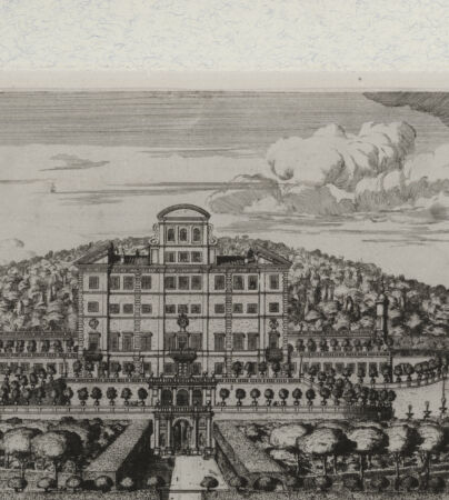 Rückseite von Landesbildstelle Rheinland [http://creativecommons.org/publicdomain/mark/1.0/] Villa Aldobrandina Tusculana sive Varij illius hortorum et fontium prospectusBlick auf die Fassade der Villa - , bh311848. Foto.