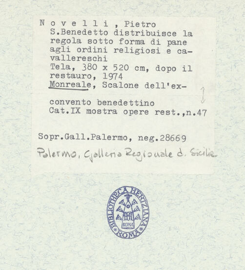 Rückseite von Sopr. BAS PA [https://www.deutsche-digitale-bibliothek.de/content/lizenzen/rv-ez/] Der heilige Benedikt verteilt Brot an die Ordensmitglieder - Gesamtansicht (nach der Restaurierung - 1974), bh313984_recto. Foto.