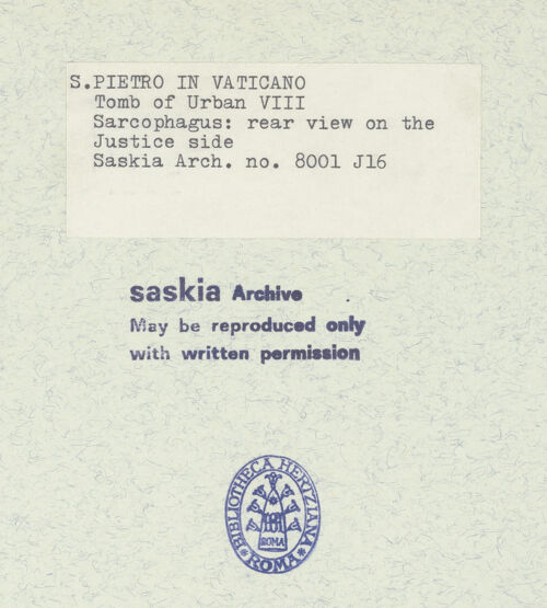 Rückseite von Bibliotheca Hertziana [https://www.deutsche-digitale-bibliothek.de/content/lizenzen/rv-fz/] Grabmal von Papst Urban VIII.Sarkophag - Rückseite des Sarkophags auf der Seite der Jusititia, bh315016_recto. Foto: Wiedenhoeft, Ron.