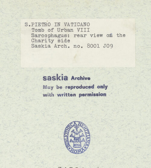 Rückseite von Bibliotheca Hertziana [https://www.deutsche-digitale-bibliothek.de/content/lizenzen/rv-fz/] Grabmal von Papst Urban VIII.Sarkophag - Rückseite des Sarkophags auf der Seite der Caritas, bh315044_recto. Foto: Wiedenhoeft, Ron.