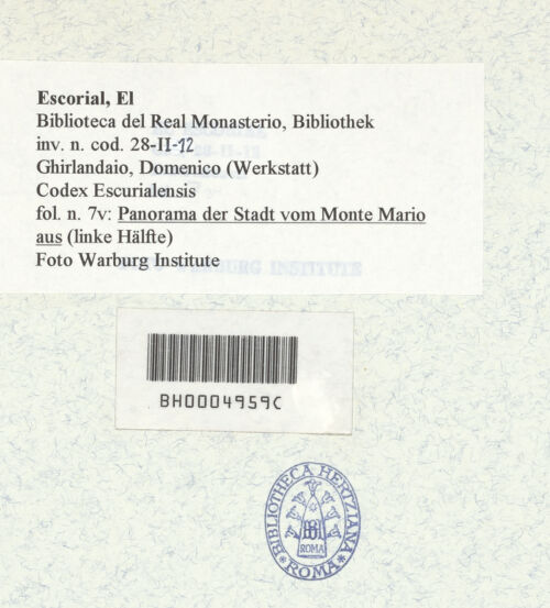 Rückseite von Warburg Institute [https://www.deutsche-digitale-bibliothek.de/content/lizenzen/rv-ez/] Codex EscurialensisPanorama der Stadt vom Monte Mario aus - fol. 7v: linke Bildhälfte, bh315420_recto. Foto.