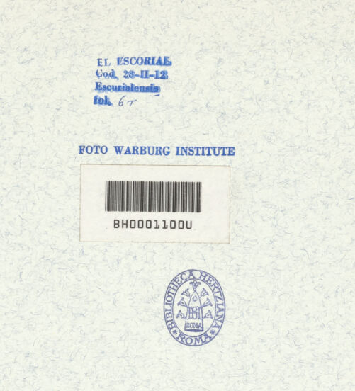 Rückseite von Warburg Institute [https://www.deutsche-digitale-bibliothek.de/content/lizenzen/rv-ez/] Codex EscurialensisRundbild mit einem neben einem Pferd schwebenden Jüngling - , bh315425_recto. Foto.