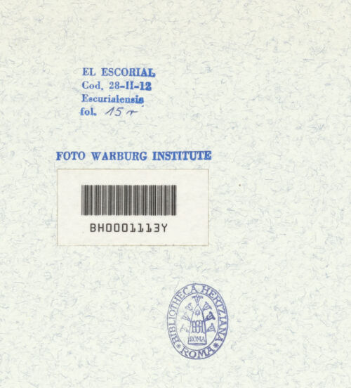 Rückseite von Warburg Institute [https://www.deutsche-digitale-bibliothek.de/content/lizenzen/rv-ez/] Codex EscurialensisDetail aus einer der beiden Lunetten des Tonnengewölbes - , bh315426_recto. Foto.