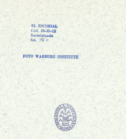 Rückseite von Warburg Institute [https://www.deutsche-digitale-bibliothek.de/content/lizenzen/rv-ez/] Codex EscurialensisSieben Waffenbündel - , bh315428_recto. Foto.