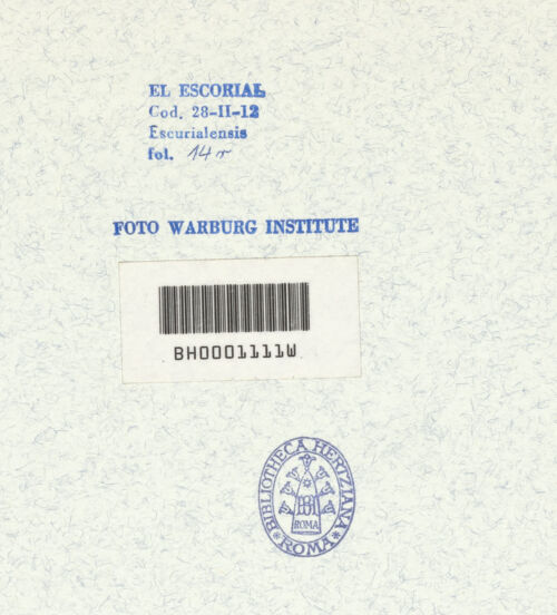 Rückseite von Warburg Institute [https://www.deutsche-digitale-bibliothek.de/content/lizenzen/rv-ez/] Codex EscurialensisDekoratives Detail aus einem der vier Felder, welche zu je zwei das Mittelfeld der Decke bilden - , bh315432_recto. Foto.