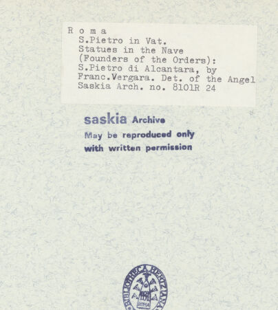 Rückseite von Bibliotheca Hertziana [https://www.deutsche-digitale-bibliothek.de/content/lizenzen/rv-fz/] Heilige Kongregations- und OrdensgründerStatuenreihe: Theresa, Vincentius, Nerius, Ignatius, Camillus, Petrus von Alcantara - Francesco Vergara: Statue des hl. Petrus von Alcantarae (Detailansicht: Engel), bh316145_recto. Foto: Wiedenhoeft, Ron.