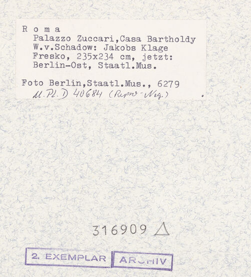 Rückseite von Staatliche Museen zu Berlin, Nationalgalerie [https://www.deutsche-digitale-bibliothek.de/content/lizenzen/rv-ez/] Acht Wandgemälde aus der Casa Bartholdy (Zuccari) in RomJakobs Klage. Überbringung des blutigen Rockes an Jakob - mit flankierenden Pilastern, bh316909_recto. Foto.