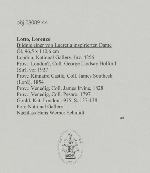 Rückseite von National Gallery [https://www.deutsche-digitale-bibliothek.de/content/lizenzen/rv-ez/] Bildnis einer von Lucretia inspirierten Dame - Gesamtansicht, bh320957_recto. Foto.