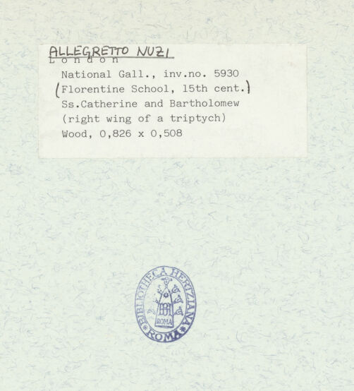 Rückseite von National Gallery London [https://www.deutsche-digitale-bibliothek.de/content/lizenzen/rv-ez/] Saints Catherine and Bartholomew - , bh320960_recto. Foto.
