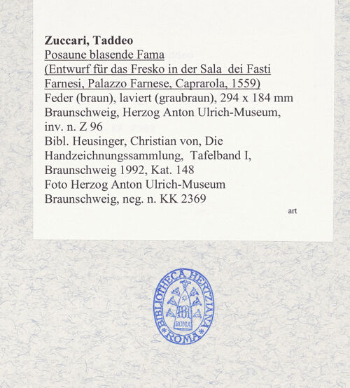 Rückseite von Herzog Anton Ulrich-Museum [https://www.deutsche-digitale-bibliothek.de/content/lizenzen/rv-ez/] Posaune blasende Fama (Entwurf für das Fresko in der Sala dei Fasti Farnesi, Palazzo Farnese, Caprarola, 1559) - , bh321020_recto. Foto.