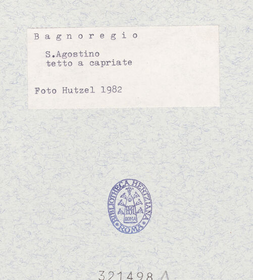 Rückseite von Getty Research Institute [https://www.deutsche-digitale-bibliothek.de/content/lizenzen/rv-ez/] Sant'AgostinoSant'Agostino - Langhaus, Dachstuhl und Chorwand, Teilansicht, nach Osten, bh321498_recto. Foto: Hutzel, Max.